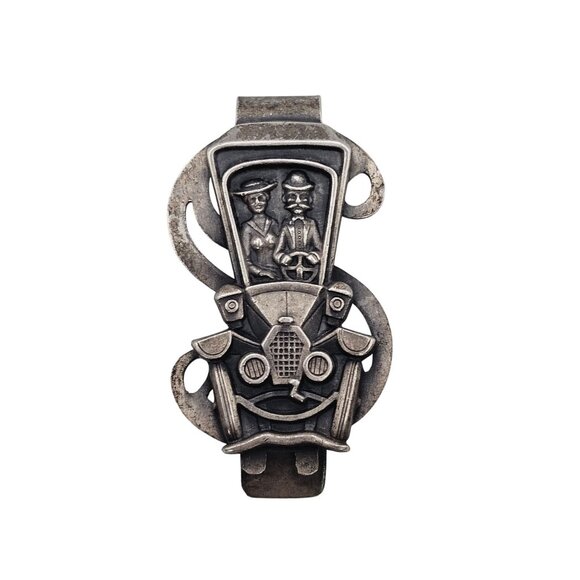 VTG Money Clip Pewter Silver Romantic Couple Old Automobile Belt Pocket Gift - Picture 3 of 11